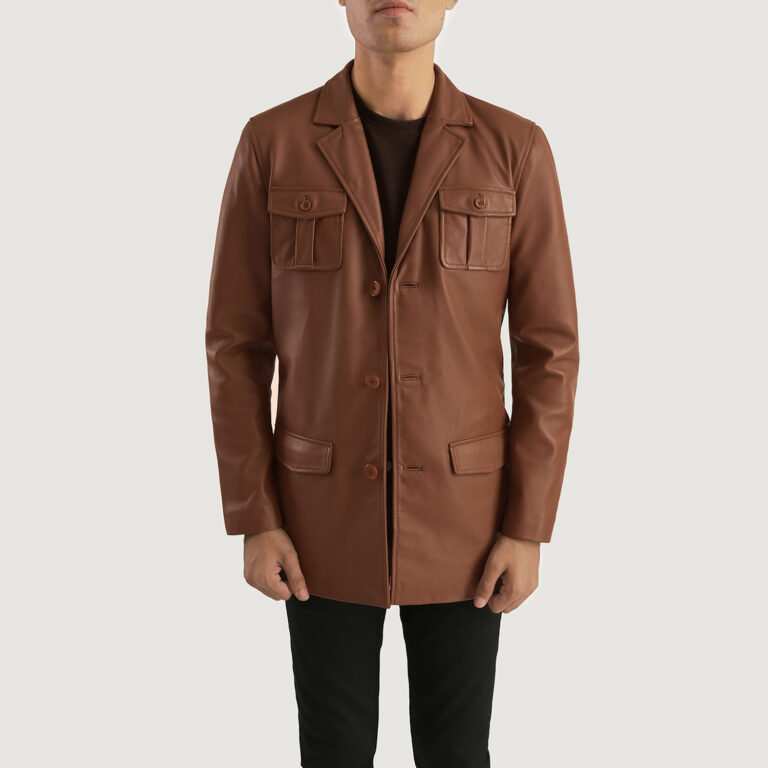 Mens Ray Cutler Brown Leather Blazer Open Front-4-1701088967907